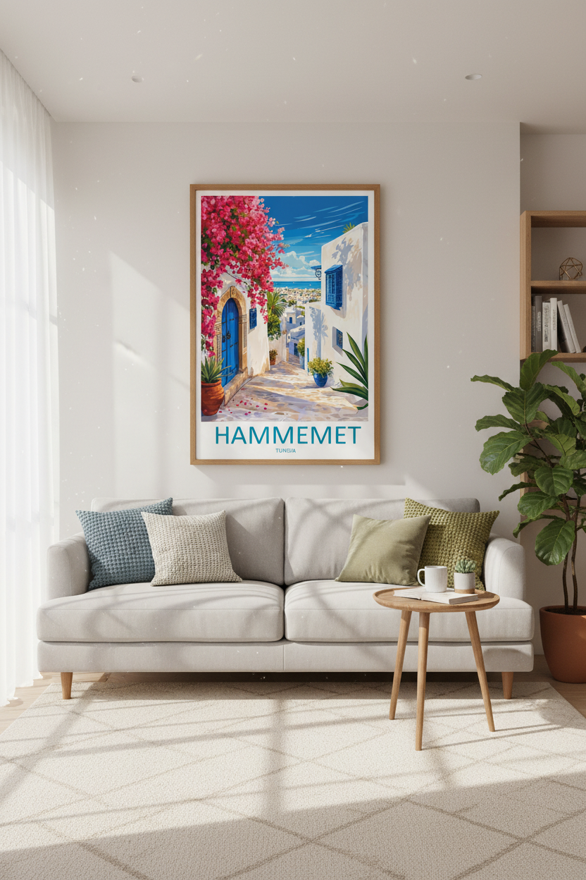 Hammemet Tunisia Travel Poster | Mediterranean Coastal Wall Art | Blue and White Decor