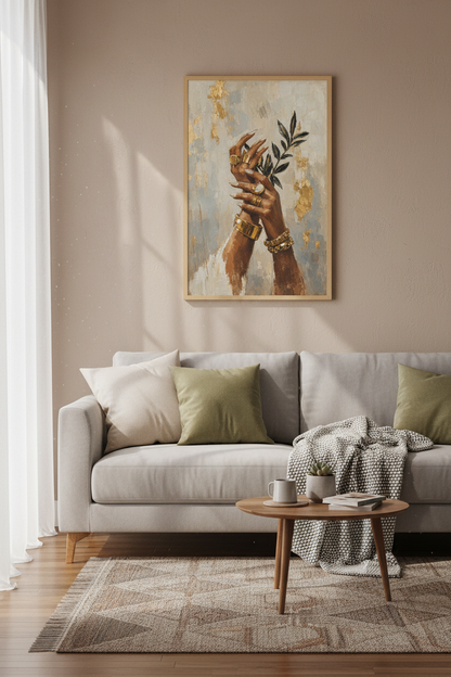 Gold Jewelry Hands Wall Art | Botanical Oil Painting | Modern Luxury Decor Poster