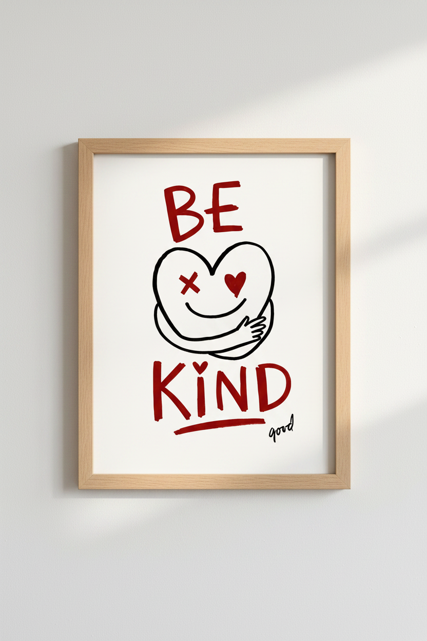 Be Kind Heart Wall Art | Red Doodle Aesthetic Poster | Modern Nursery Decor