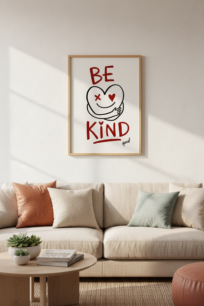 Be Kind Heart Wall Art | Red Doodle Aesthetic Poster | Modern Nursery Decor