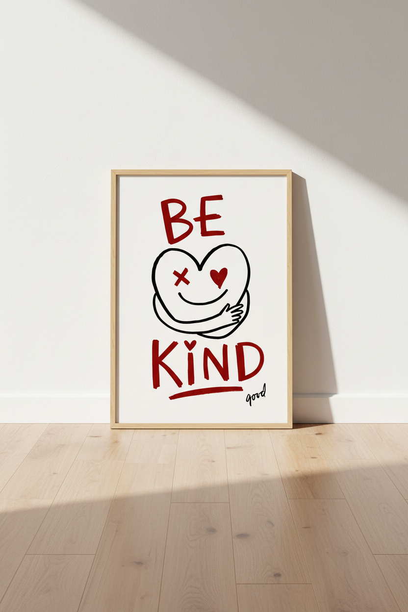 Be Kind Heart Wall Art | Red Doodle Aesthetic Poster | Modern Nursery Decor