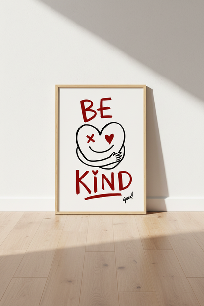 Be Kind Heart Wall Art | Red Doodle Aesthetic Poster | Modern Nursery Decor