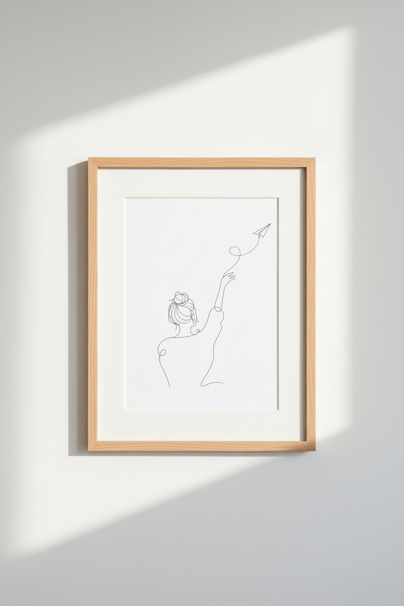 Minimalist Woman &amp; Paper Plane Art | Black White Line Drawing, Office Decor