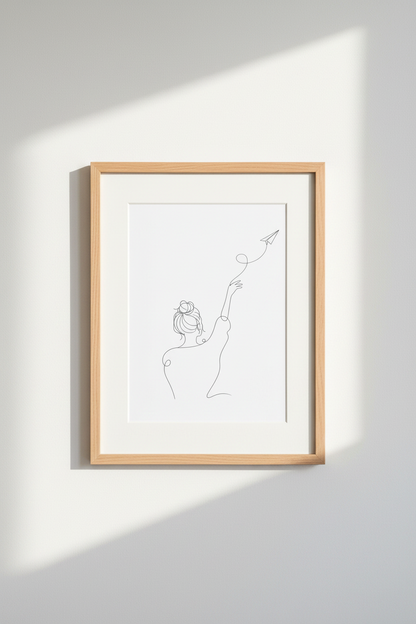 Minimalist Woman &amp; Paper Plane Art | Black White Line Drawing, Office Decor