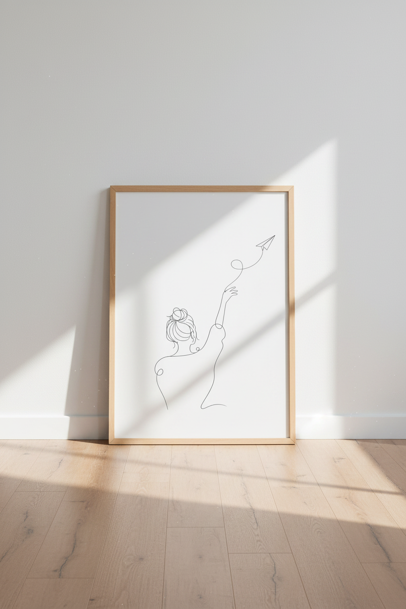 Minimalist Woman &amp; Paper Plane Art | Black White Line Drawing, Office Decor