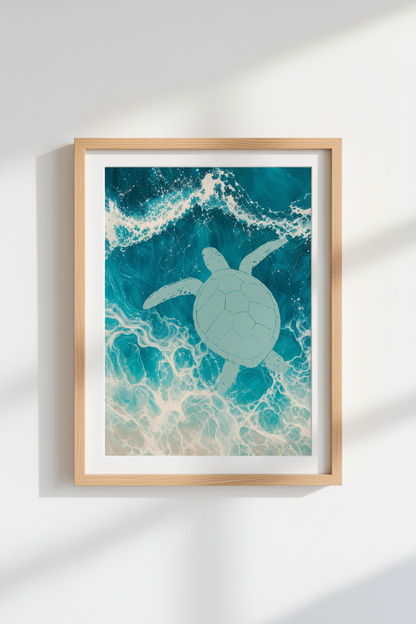 Sea Turtle Wall Art Print | Coastal Bathroom Decor | Turquoise Ocean Poster