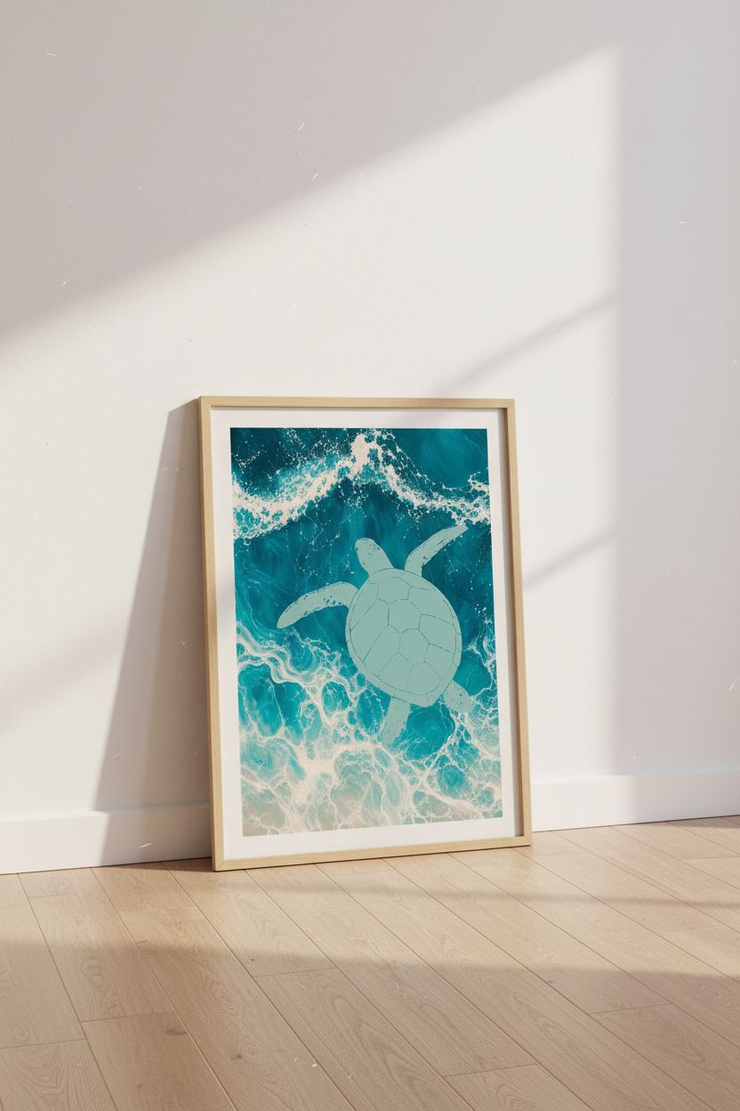 Sea Turtle Wall Art Print | Coastal Bathroom Decor | Turquoise Ocean Poster