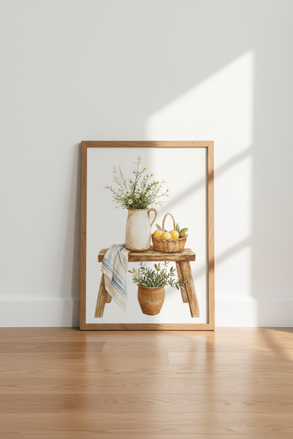 Rustic Still Life Watercolor | Daisies and Lemons Farmhouse Print, Kitchen Wall Decor