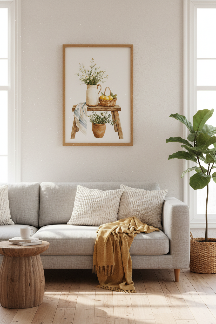 Rustic Still Life Watercolor | Daisies and Lemons Farmhouse Print, Kitchen Wall Decor