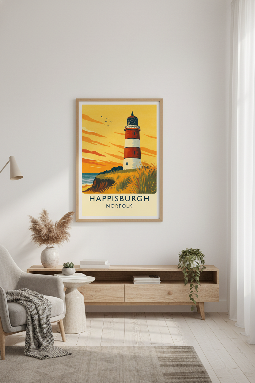 Happisburgh Lighthouse: Vintage Norfolk Coast Travel Poster