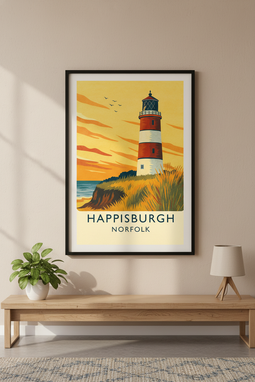 Happisburgh Lighthouse: Vintage Norfolk Coast Travel Poster