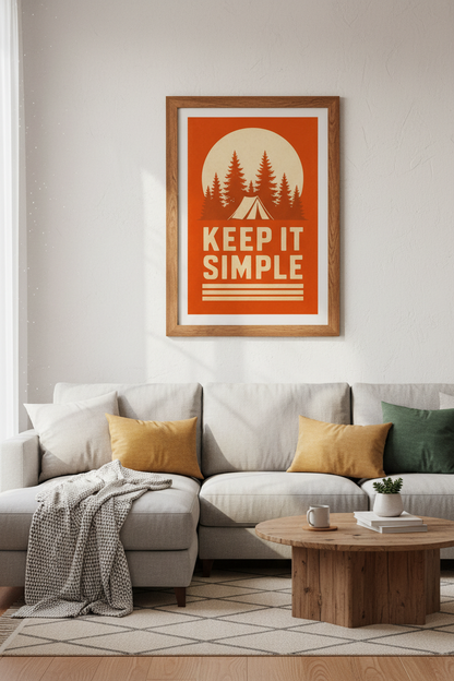 Keep It Simple Camping Wall Art Print | Retro Nature Decor | Orange Cabin Poster