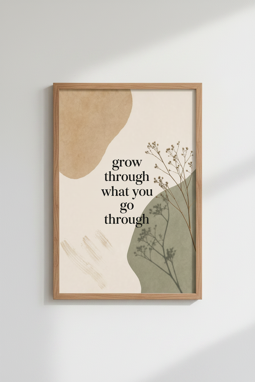Grow Through What You Go Through | Sage Green &amp; Tan Minimalist Wall Art, Zen Bedroom Decor