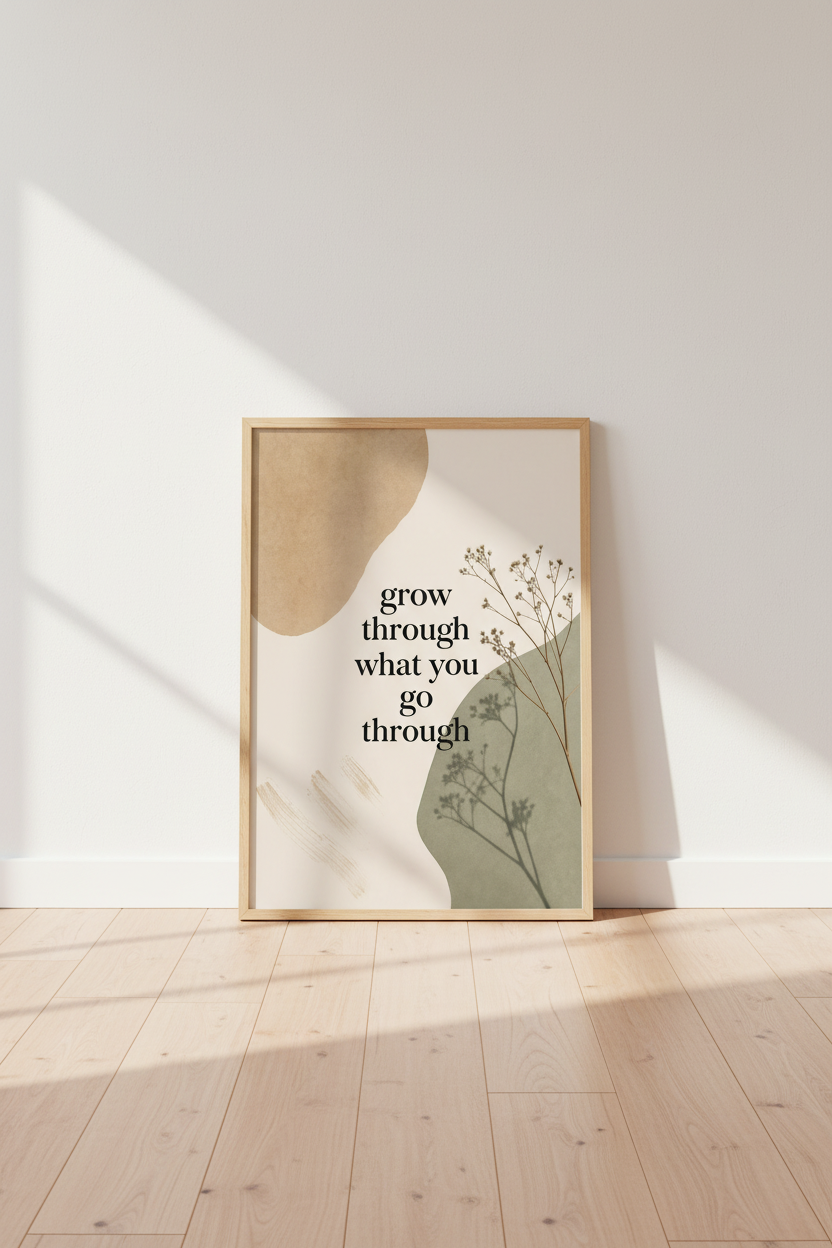 Grow Through What You Go Through | Sage Green &amp; Tan Minimalist Wall Art, Zen Bedroom Decor