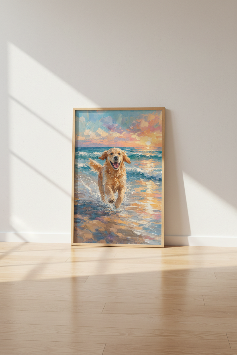 Golden Retriever Beach Sunset Art | Palette Knife Painting, Coastal Home Decor