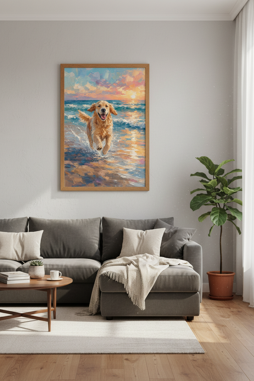 Golden Retriever Beach Sunset Art | Palette Knife Painting, Coastal Home Decor