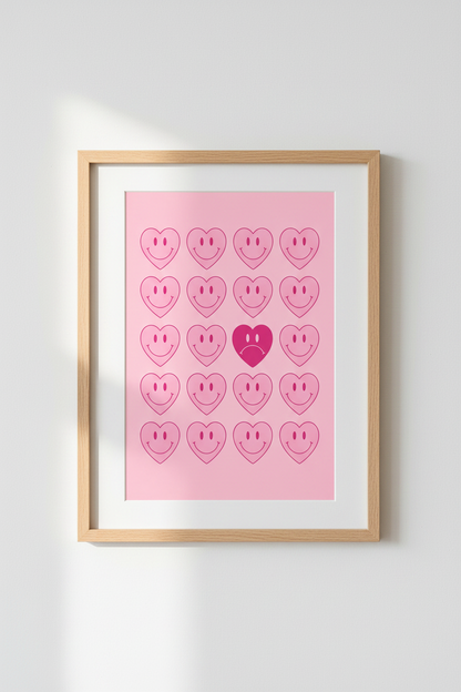 Preppy Pink Wall Art Print | Smiley Face Heart Poster | Trendy Y2K Dorm Decor