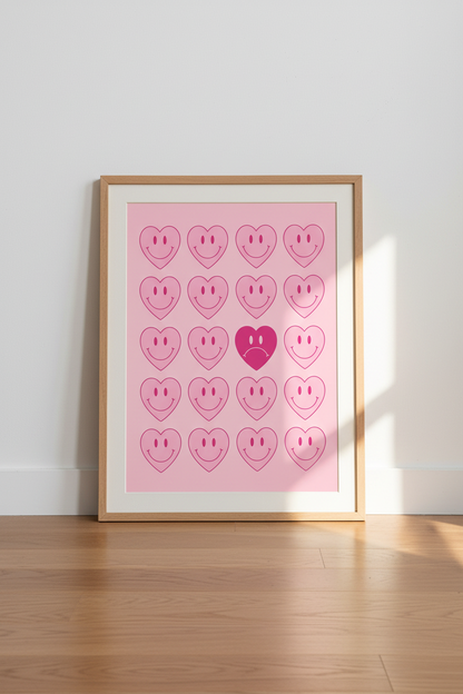 Preppy Pink Wall Art Print | Smiley Face Heart Poster | Trendy Y2K Dorm Decor
