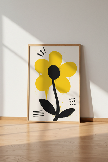 Abstract Yellow Flower Wall Art | Graffiti Style Floral, Modern Living Room Decor