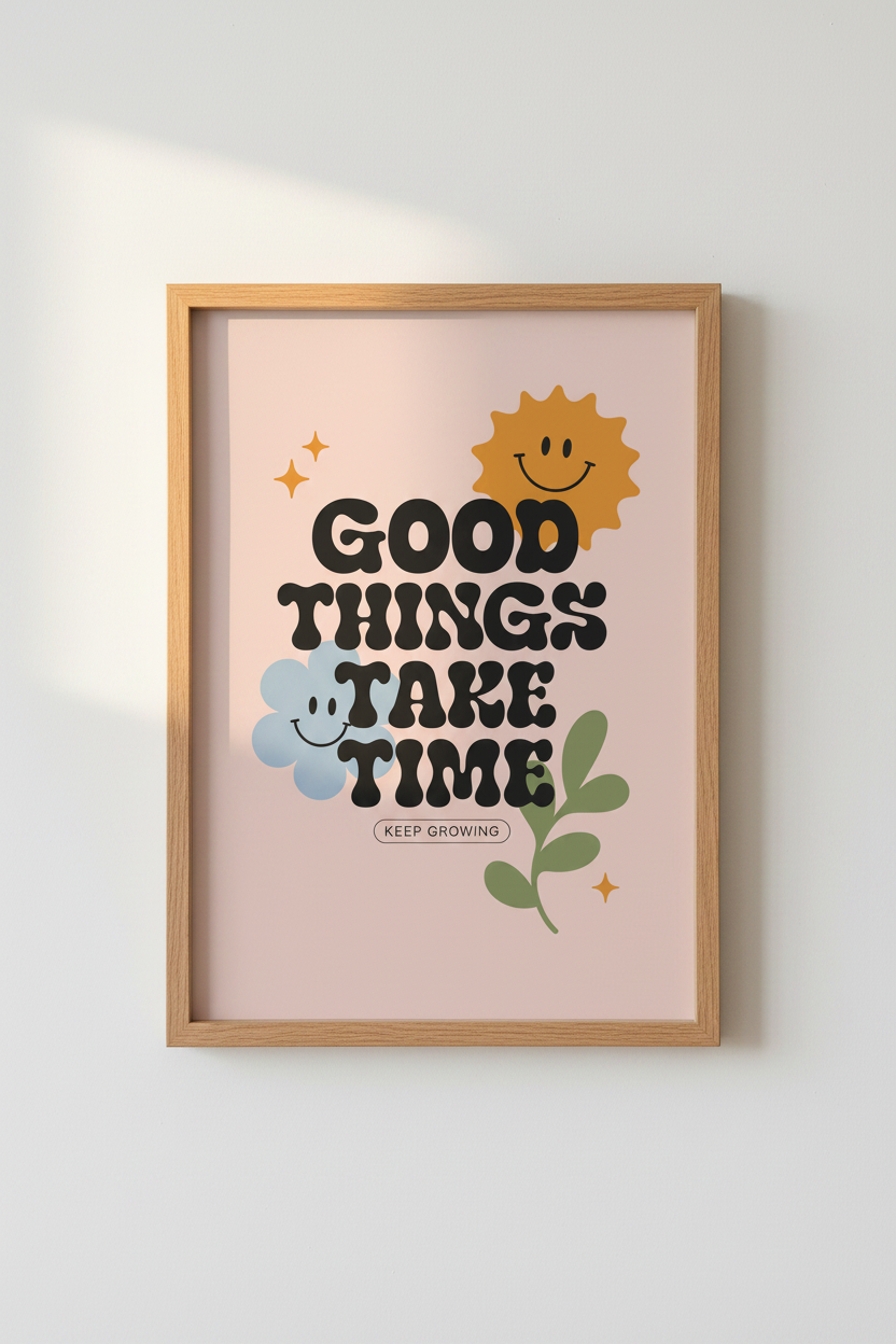 Good Things Take Time Wall Art | Retro Pink 70s Poster | Groovy Dorm Decor