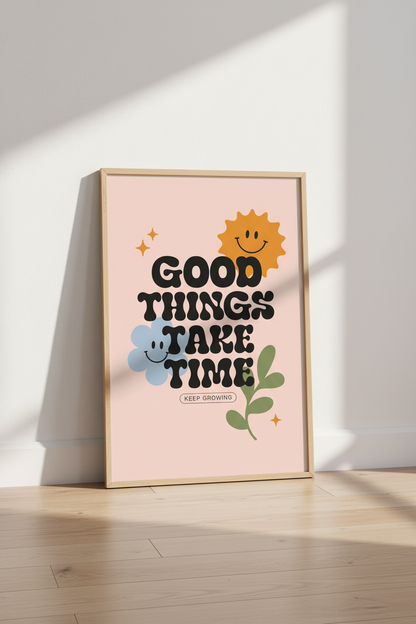 Good Things Take Time Wall Art | Retro Pink 70s Poster | Groovy Dorm Decor