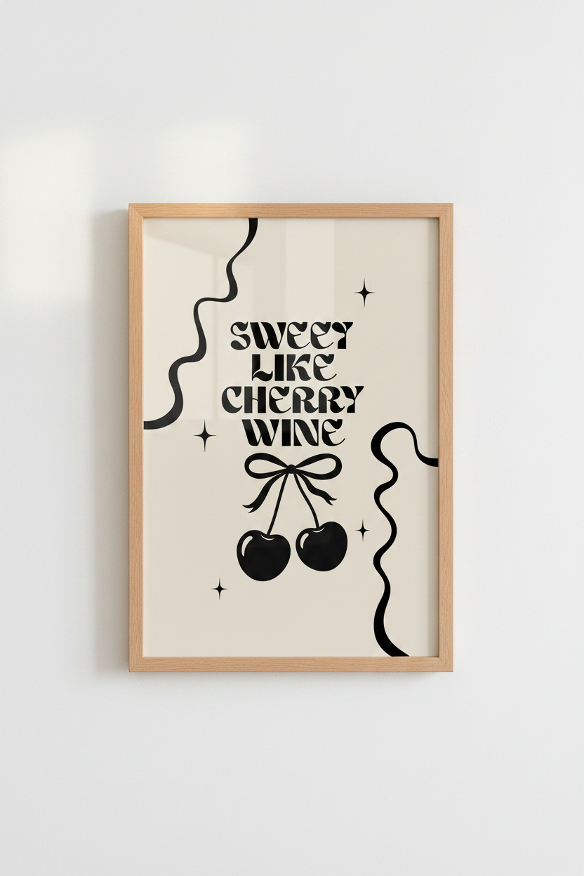 Sweet Like Cherry Wine Wall Art | Retro Cream &amp; Black Poster | Trendy Kitchen Decor