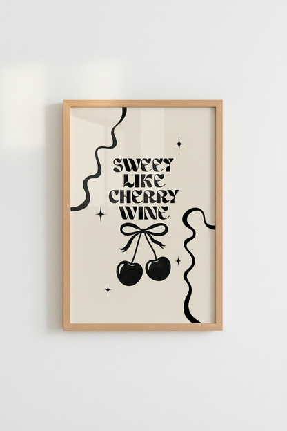 Sweet Like Cherry Wine Wall Art | Retro Cream &amp; Black Poster | Trendy Kitchen Decor