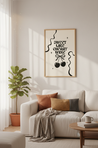 Sweet Like Cherry Wine Wall Art | Retro Cream &amp; Black Poster | Trendy Kitchen Decor
