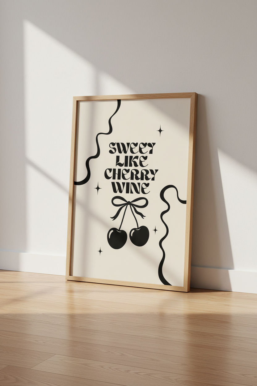 Sweet Like Cherry Wine Wall Art | Retro Cream &amp; Black Poster | Trendy Kitchen Decor