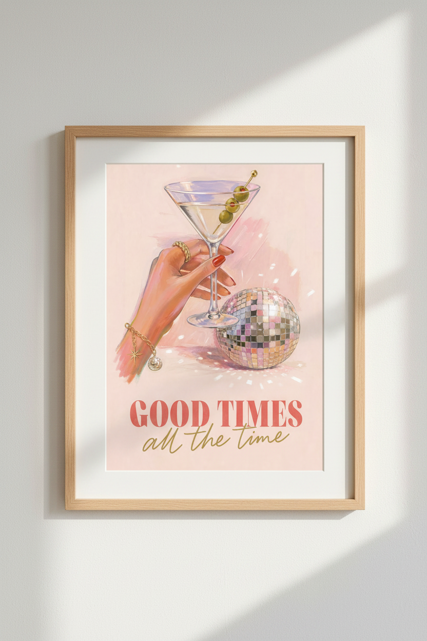 Preppy Bar Cart Decor | Martini &amp; Disco Ball Art Print, Pink Aesthetic Poster