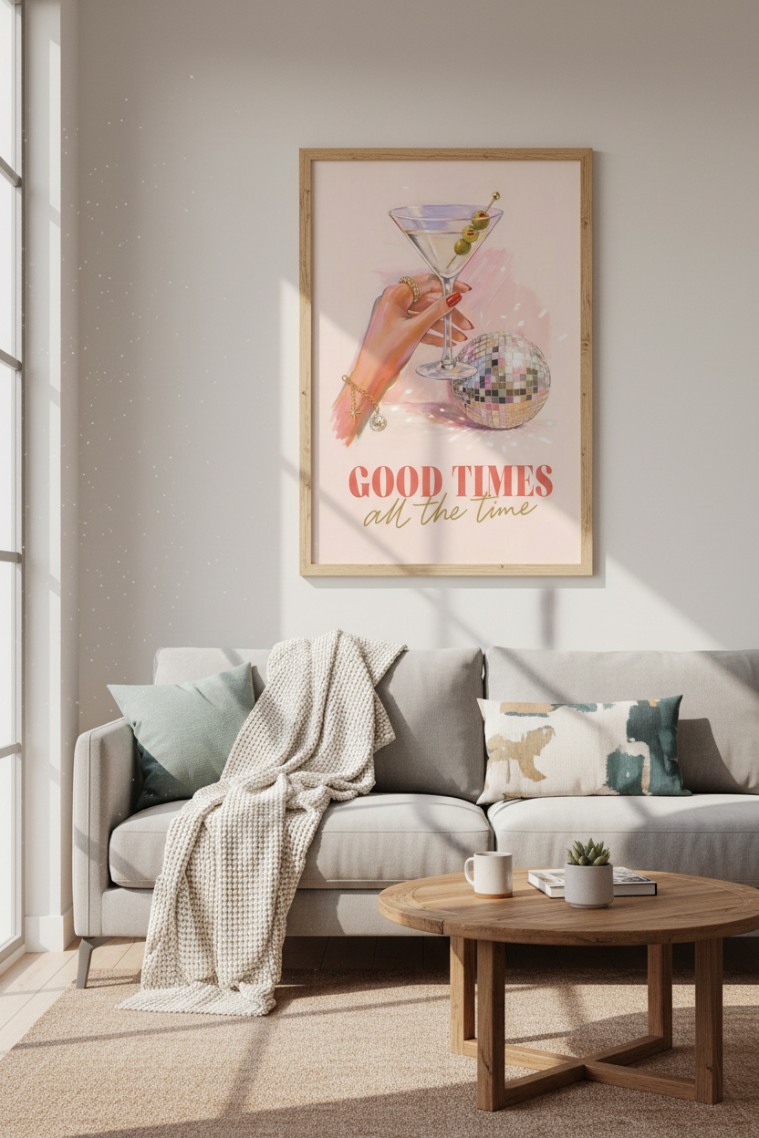 Preppy Bar Cart Decor | Martini &amp; Disco Ball Art Print, Pink Aesthetic Poster