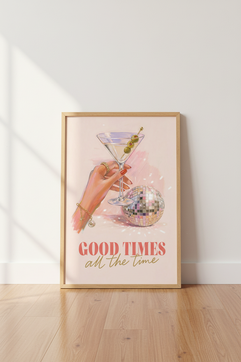 Preppy Bar Cart Decor | Martini &amp; Disco Ball Art Print, Pink Aesthetic Poster
