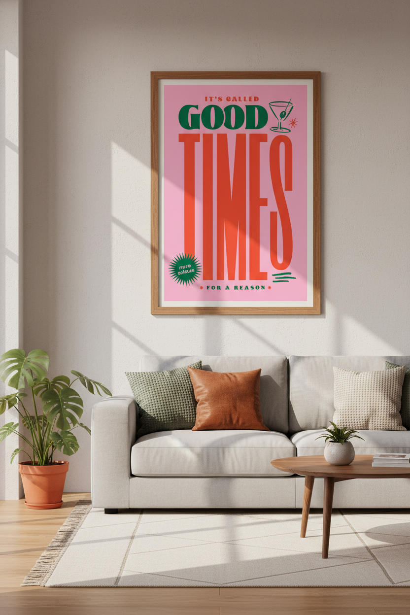 Good Times Martini Wall Art | Retro Pink &amp; Orange Poster | Bar Cart Decor