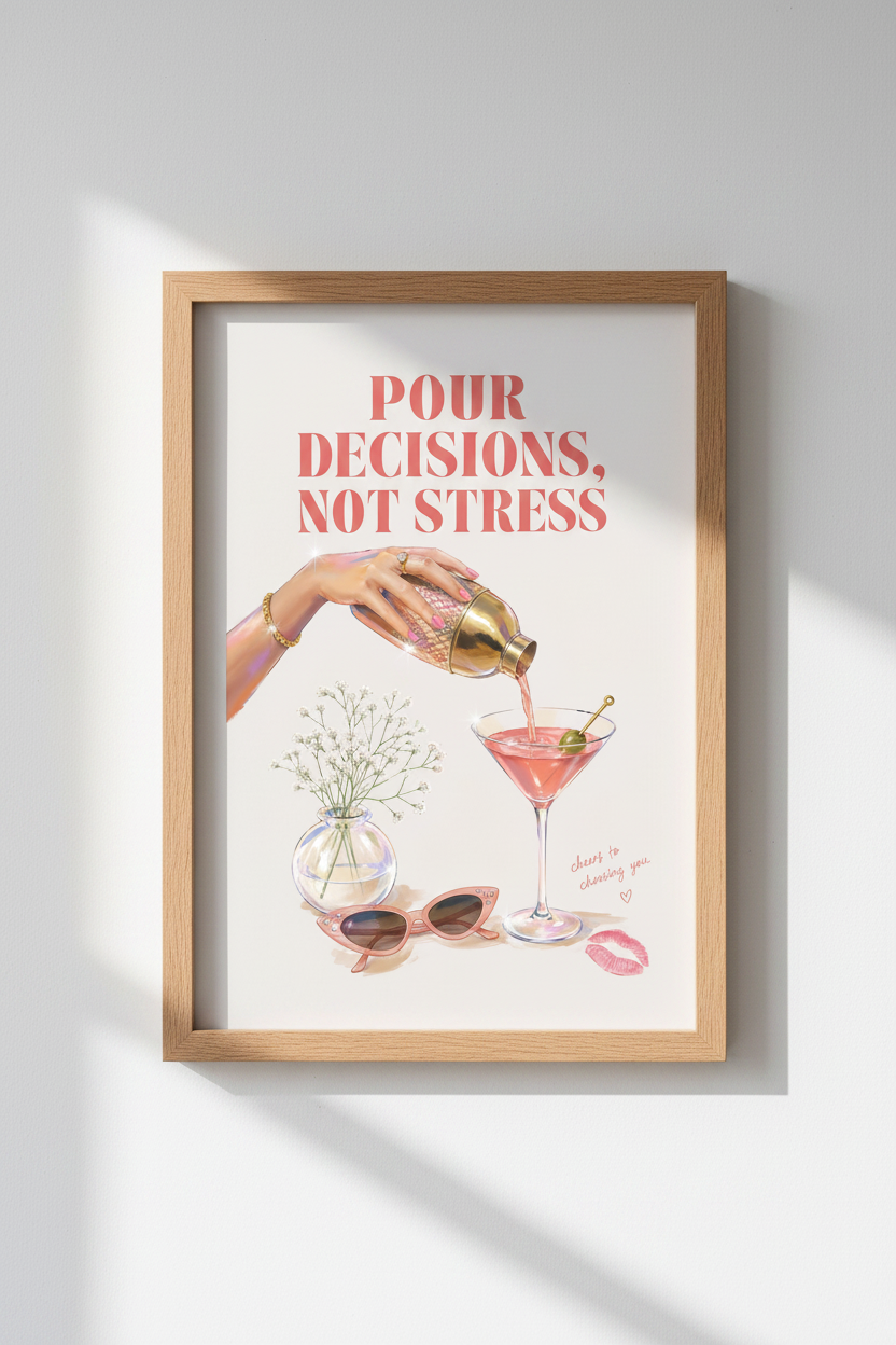 Preppy Cocktail Wall Art | Pink Martini Bar Cart Decor, Girly Retro Aesthetic Poster