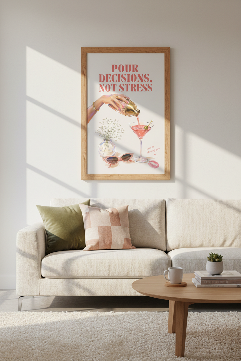 Preppy Cocktail Wall Art | Pink Martini Bar Cart Decor, Girly Retro Aesthetic Poster