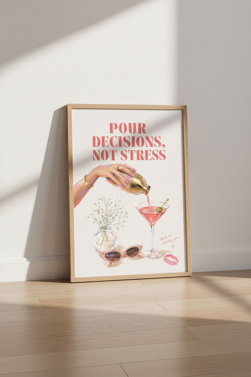 Preppy Cocktail Wall Art | Pink Martini Bar Cart Decor, Girly Retro Aesthetic Poster