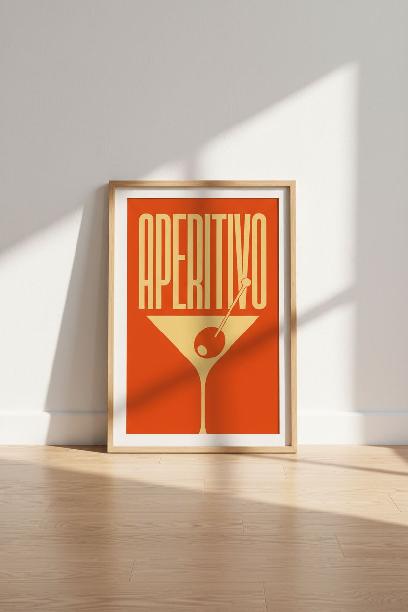 Aperitivo Martini Glass Art | Retro Orange Bar Decor | Mid Century Poster
