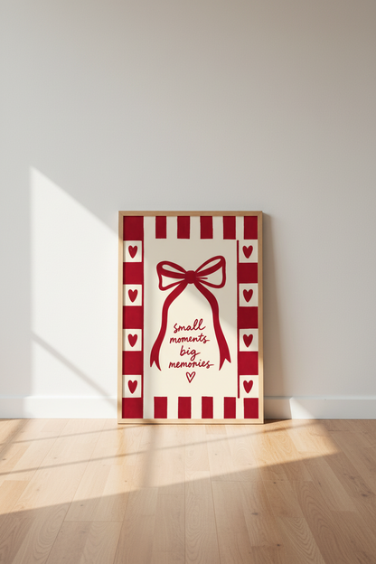 Minimalist Gift Bow Wall Art Print | Living Room Decor | Red Cream Poster
