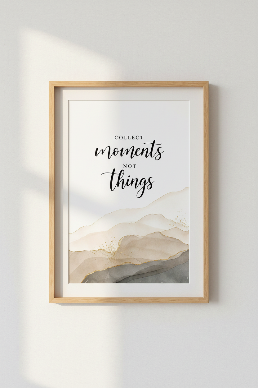 Collect Moments Not Things Wall Art | Neutral Watercolor Print | Minimalist Quote Poster