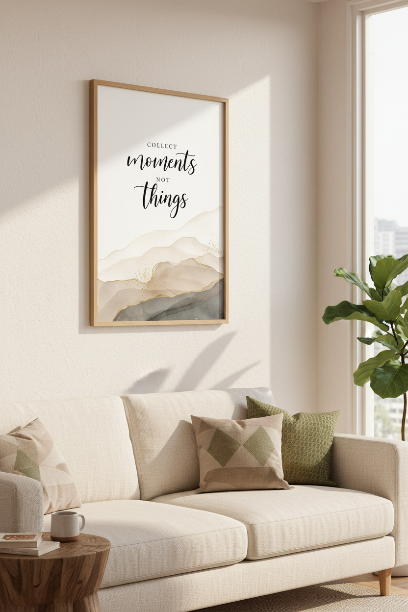 Collect Moments Not Things Wall Art | Neutral Watercolor Print | Minimalist Quote Poster