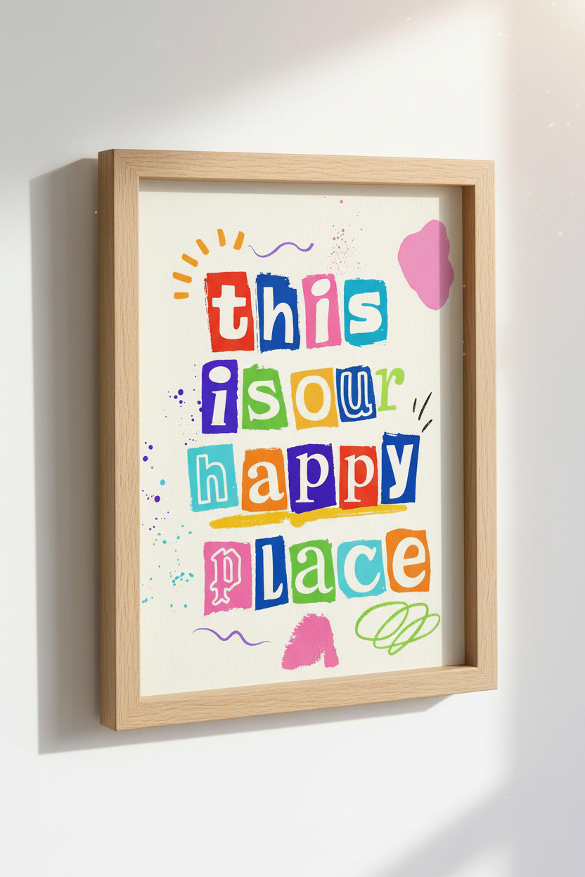 Happy Place Quote Art | Colorful Typography Print, Modern Nursery Decor