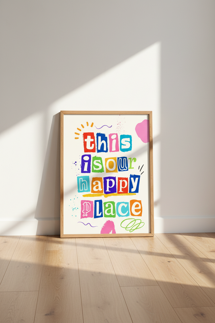 Happy Place Quote Art | Colorful Typography Print, Modern Nursery Decor