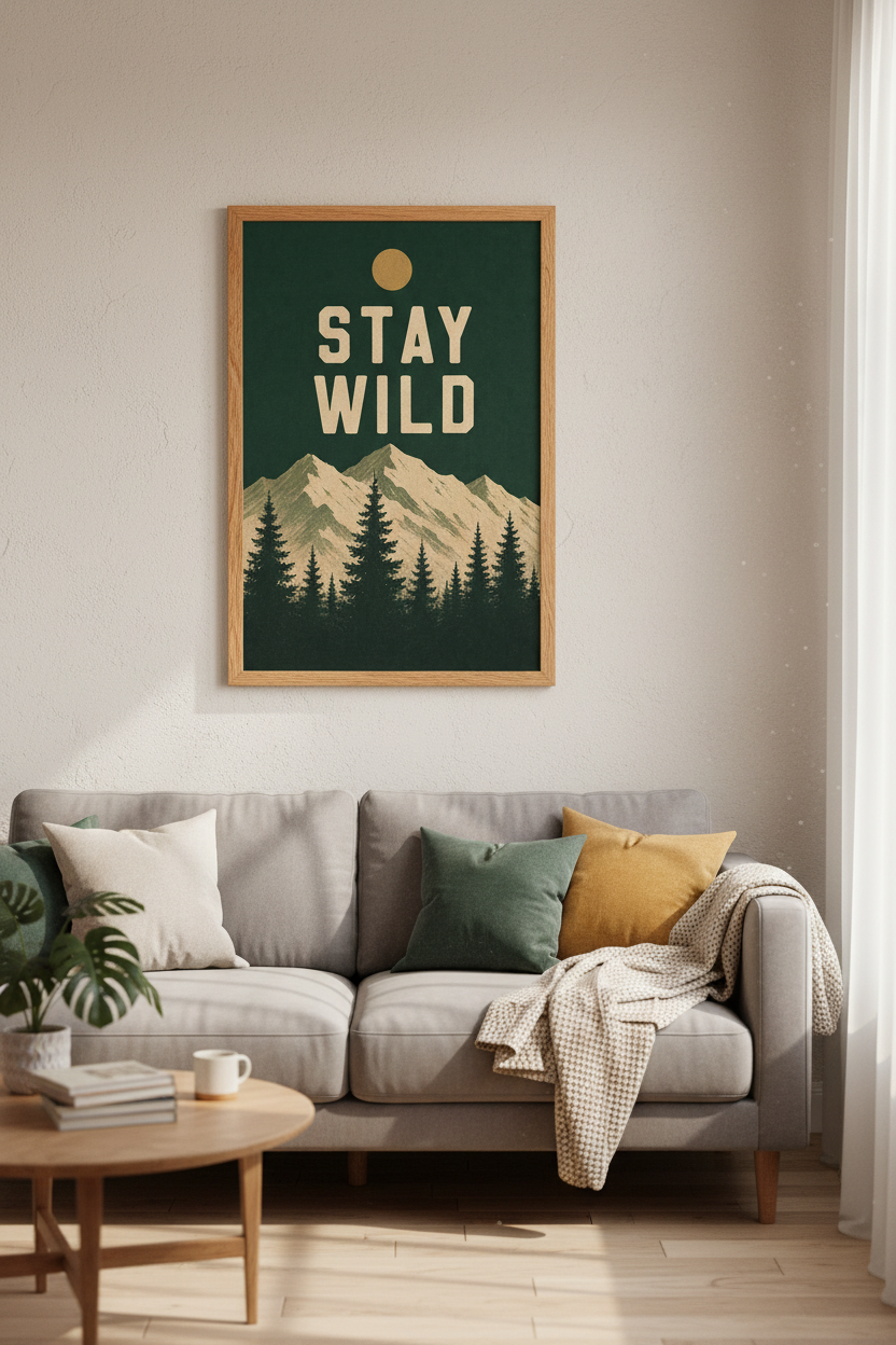 Stay Wild Mountain Art Print | Forest Green Nature Poster, Cabin Decor