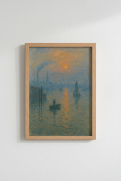 sunset harbor art | Impressionist blues &amp; orange glow, living room decor
