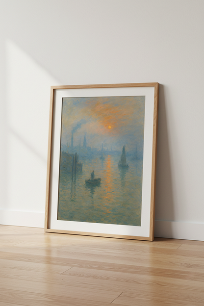 sunset harbor art | Impressionist blues &amp; orange glow, living room decor