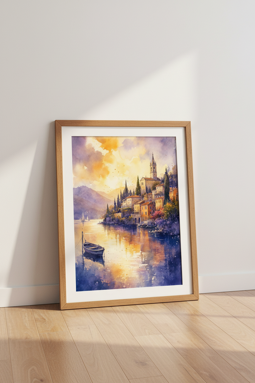 Italy Lake Como Watercolor Wall Art Print | Sunset Coast Decor | Italian Poster