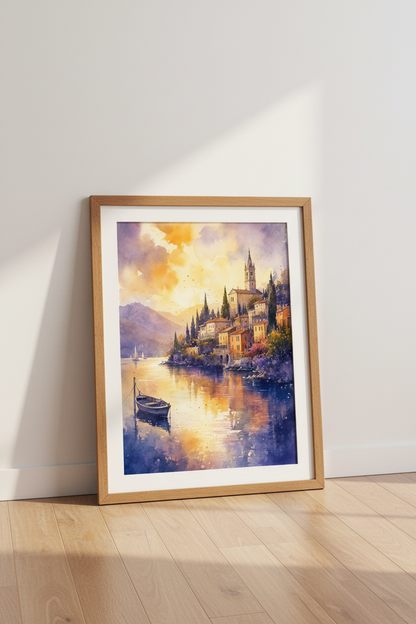Italy Lake Como Watercolor Wall Art Print | Sunset Coast Decor | Italian Poster