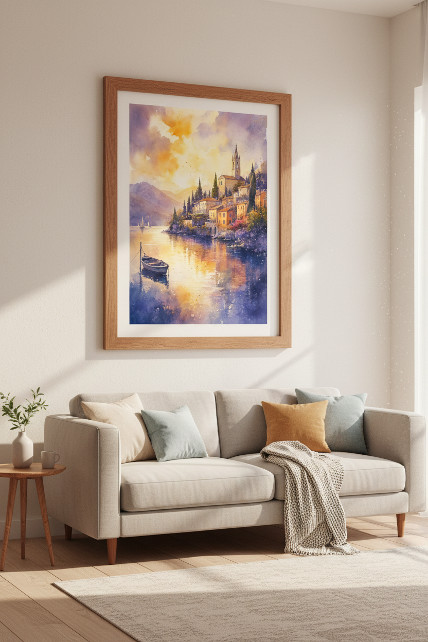 Italy Lake Como Watercolor Wall Art Print | Sunset Coast Decor | Italian Poster