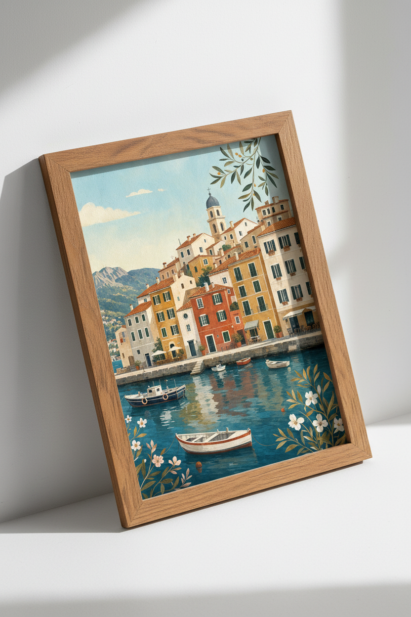 Mediterranean Coastal Village Wall Art | Italy Seaside Poster, Living Room Decor