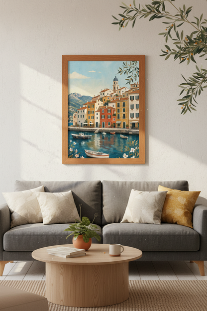 Mediterranean Coastal Village Wall Art | Italy Seaside Poster, Living Room Decor